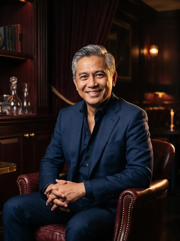 Potret pria paruh baya berjas navy tersenyum di lounge