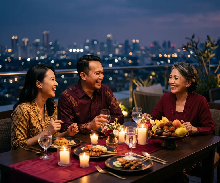 Tiga generasi tertawa bersama saat makan malam di rooftop